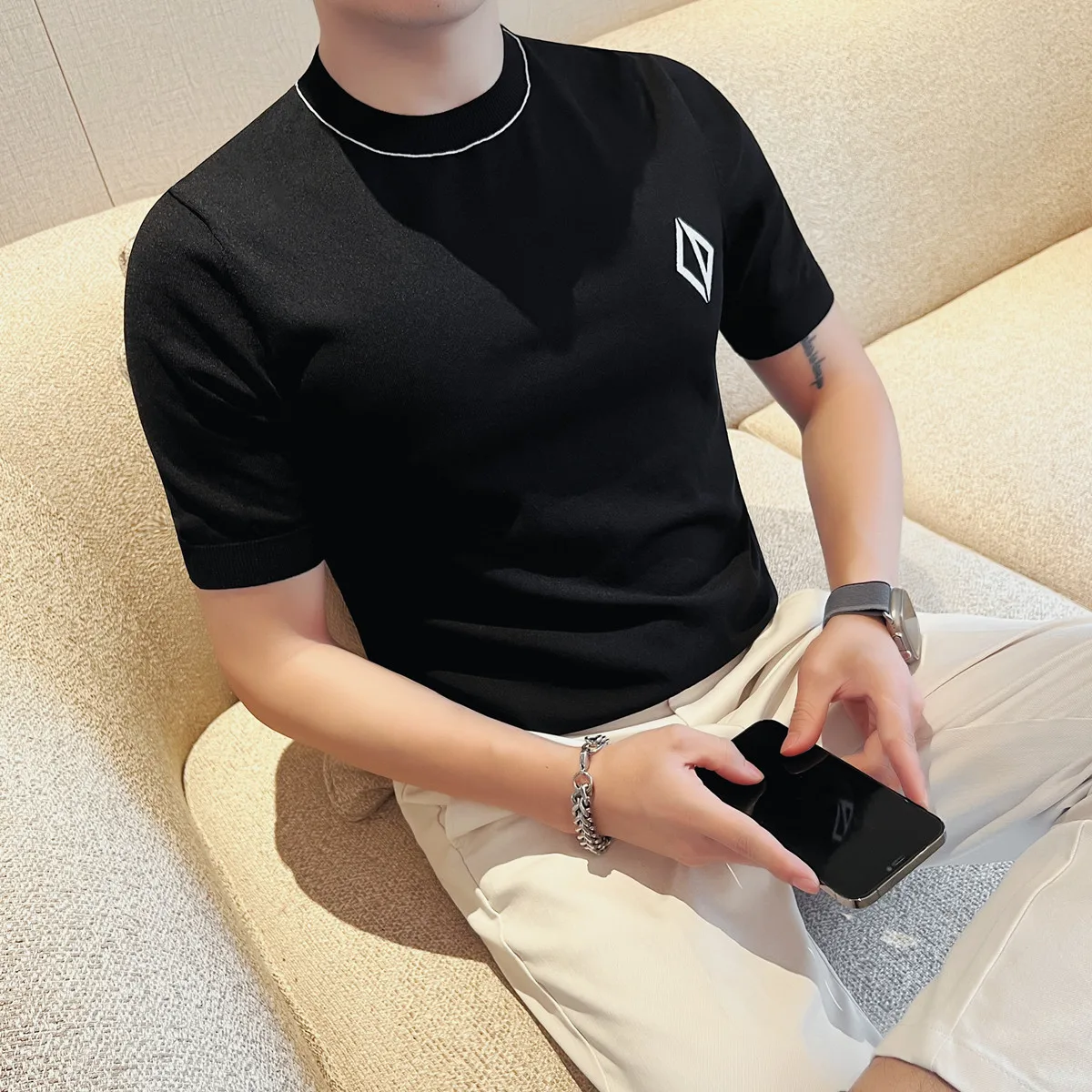Polyester Viscose Polyamide T Shirt For Men Knitwear Short Sleeved Summer Quality Coolness Stretchy Slim Fit Camisetas De Hombre