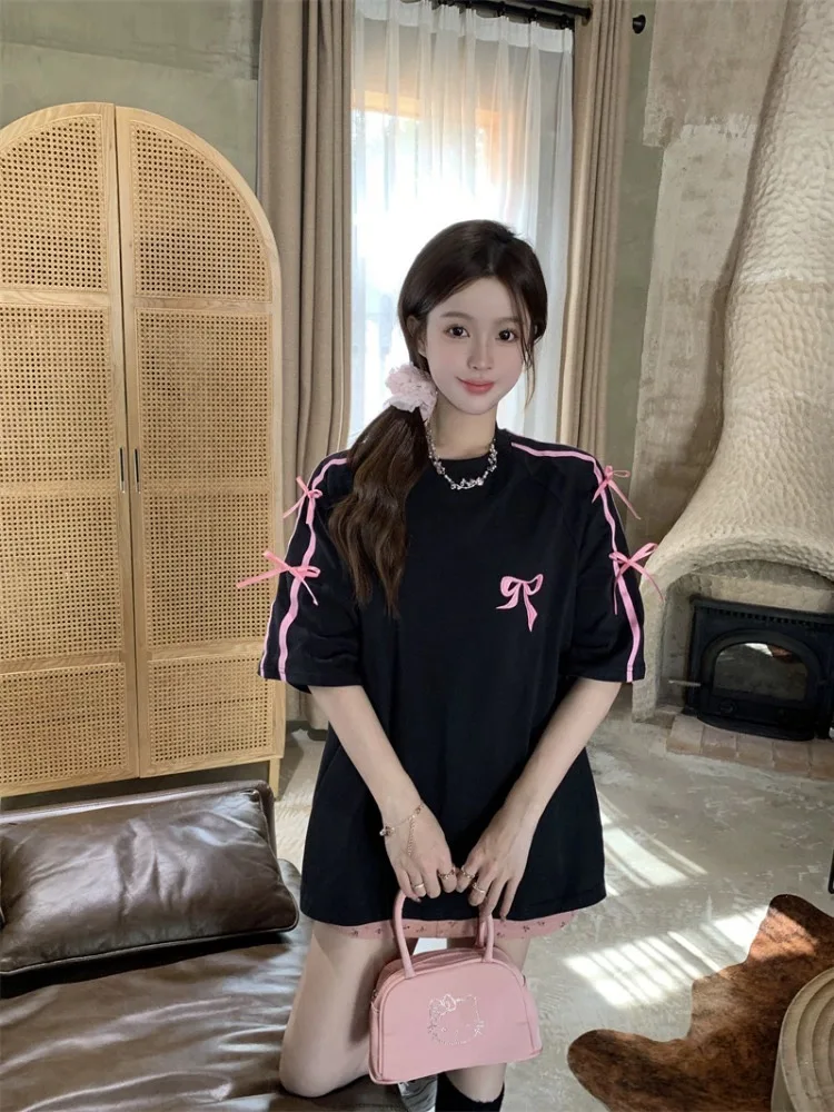 Damska koszulka plus size z haftem w węzły, luźny krój, czysta bawełna, letni top w stylu koreańskim, okrągły dekolt.