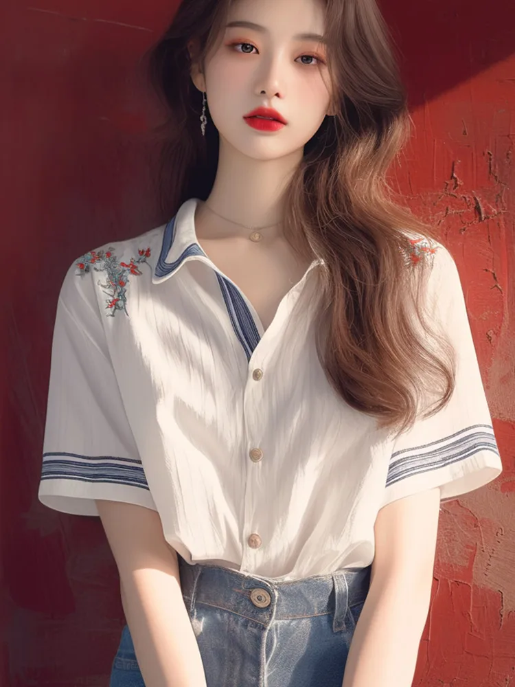Striped Vintage Women's Blouses Korean Shirts FASHION Loose Summer Vintage Floral Short Sleeve Women Tops