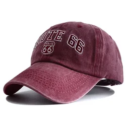 New Designer Route 66 Embroideried Basball Cap Snapback Hat Casquette Femme Vintage Washed Denim Dad Hats for Men Women 2023