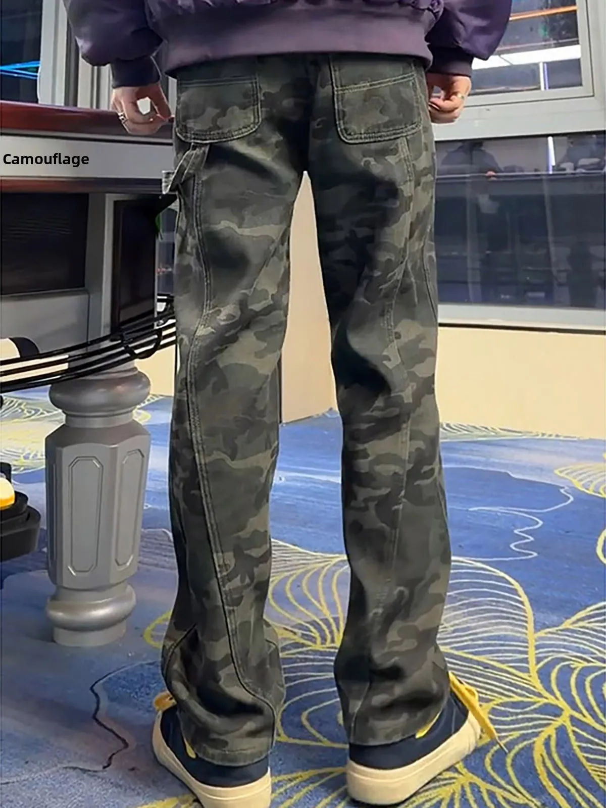 

American Sle Deconstructed Camouflage Knife Jeans Straight Leg Men's Women's Slim Fit Spring High Street Cleanfit Logg...