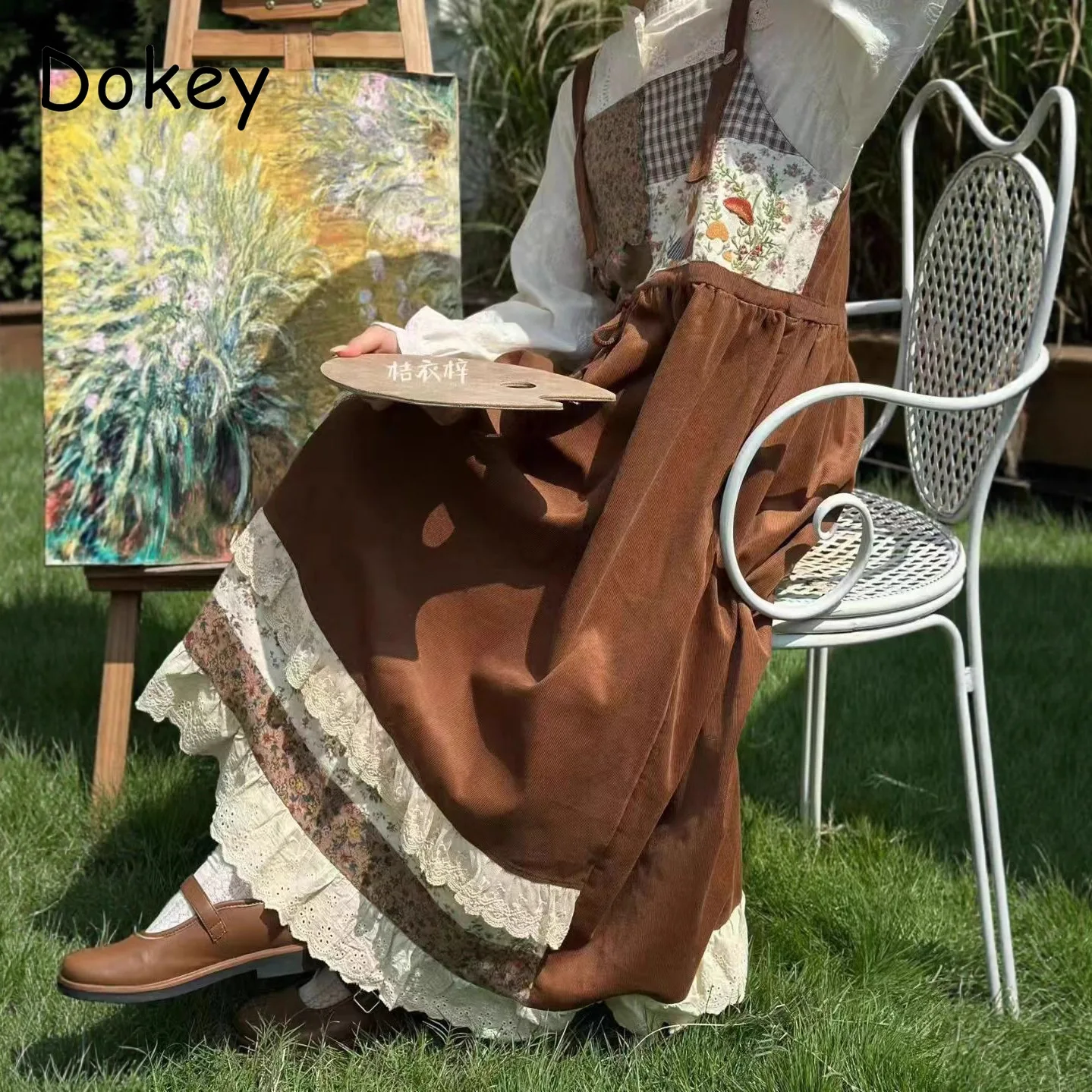 Abito generale Lolita in velluto a coste vintage Abito da donna giapponese Mori Girl Patchwork Abito con bretelle Kawaii + set di camicie bianche a maniche lunghe
