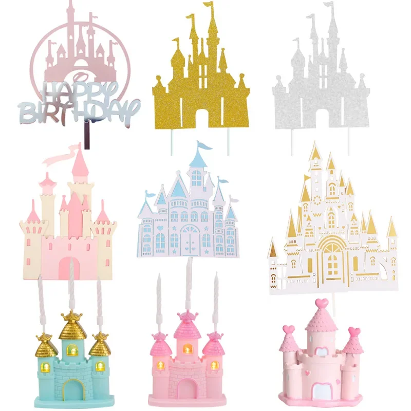 Multi-layer Stereoscopic Cartoon Fairy Tale Castle Cake Decoration Pink Blue Gold Cake Topper Happy Birthday Party Decor Kids