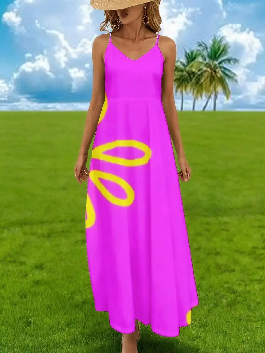 

Spaghetti Strap Maxi Dress Pink With Yellow Abstract Pattern For Beach Summer
