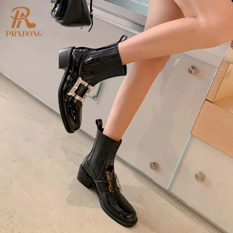 PRXDONG 2024 Fashion Women Ankle Boots Low Square Heel Round Toe Black Crystal Dress Casual Female Shoes Short Boots Size 34-39