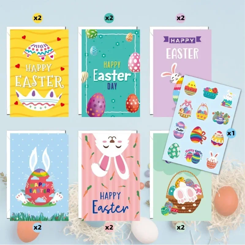 

12 Sheets Easter Greeting Card Color Set Colorful Eggs Rabbits Folded with Envelopes Messages Blessings Decorative Cards