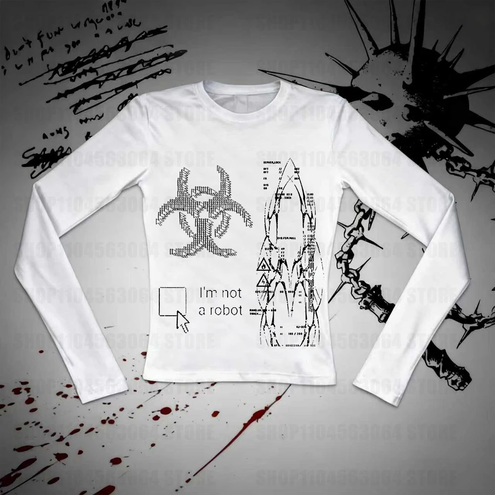 Cute Pattern Long-sleeve Clothes Aesthetic Street 2000s Graphic Long-sleeve Tops Gothic Emo Printing Long-sleeve T-shirts Y2k