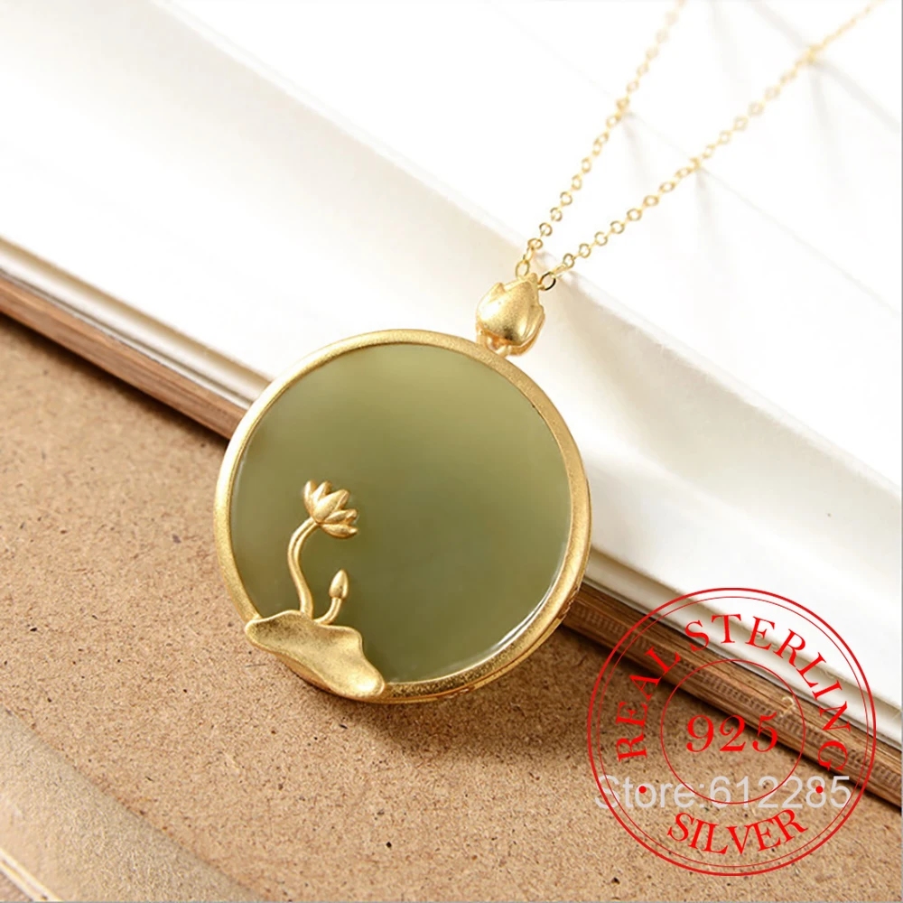 

925 Sterling Silver Jewelry Natural Jade 24K Gold Plated Lotus Necklace Pendant for Women Wedding Party Jewelry Girl Friend Gift