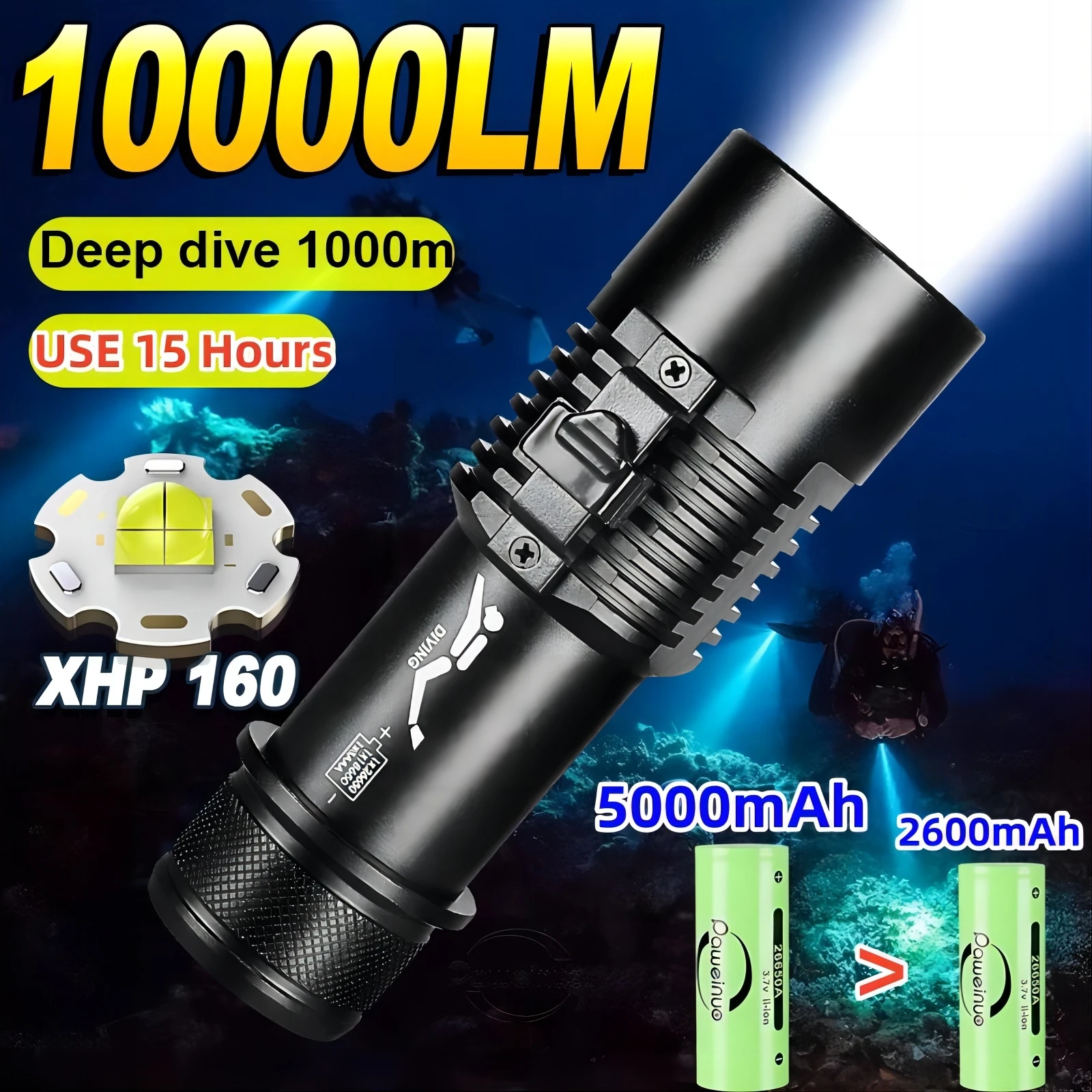 10000LM XHP160 LED High Power Diving Torch IPX8 Professional Diving Flashlight 5000mAh Underwater Lantern Scuba Waterproof Lamp