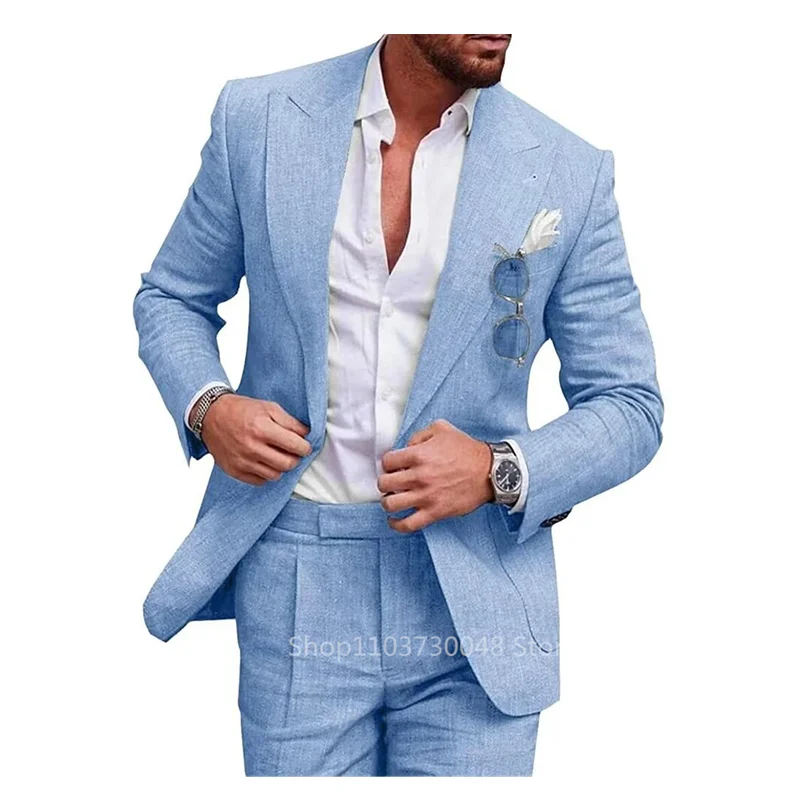 Light Blue/Beige Linen Wedding Men Suit Casual Single Breasted Slim Fit Blazer Pants High Quality Summer 2 Piece Costume Homme