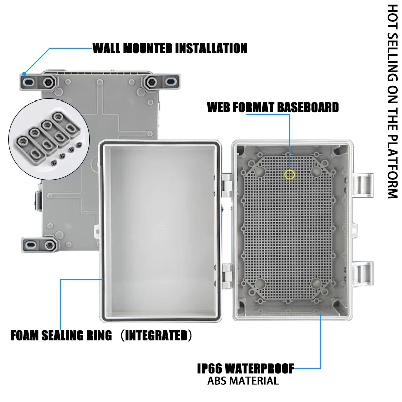 IP66 ABS-Kunststoffgehäuse, Projektbox, wasserdichte Steckbox für den Außenbereich mit Montageplatte, Wandhalterung, graue/transparente Abdeckung