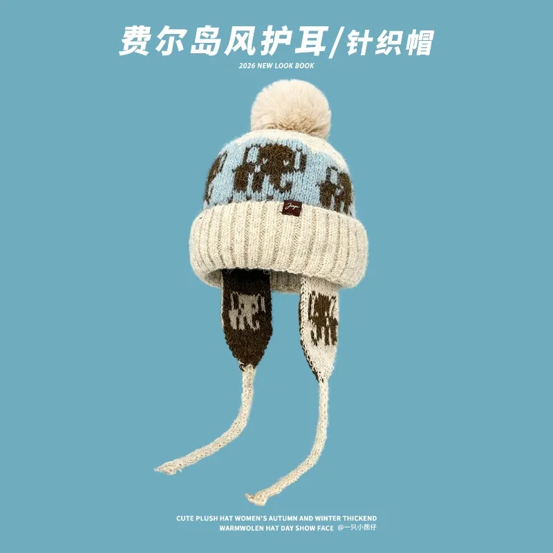 Retro Fair Isle Jacquard Knitted Earflap Beanies for Women Cute Pom Pom Top Winter Warm Coldproof Knit Cap with Long Tie Strings