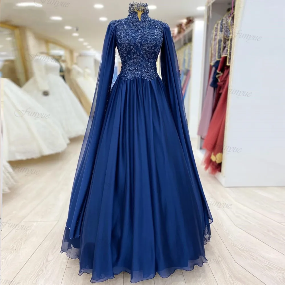 

Royal Blue Formal Dress A-Line Robe De Soirée De Mariage Lace Beads Muslim Hijab Evening Gowns Long Sleeves Prom Dresses