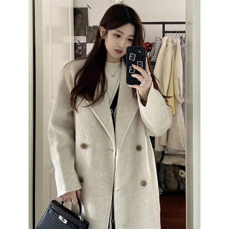 Korean Ladies Thickening Woolen Outwear 2024 Women Medium Long Styles Top Advanced Feeling Female Long Sleeves Wool Blend Jacket