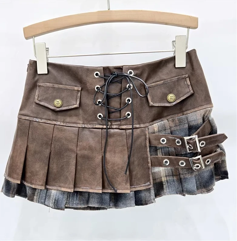 الأمريكية مثير الخريف الشتاء الصناعة الثقيلة الرجعية بولي Leather الجلود الربط تنورة الحلو فتاة باردة الحد من العمر الأزياء مطوي التنانير