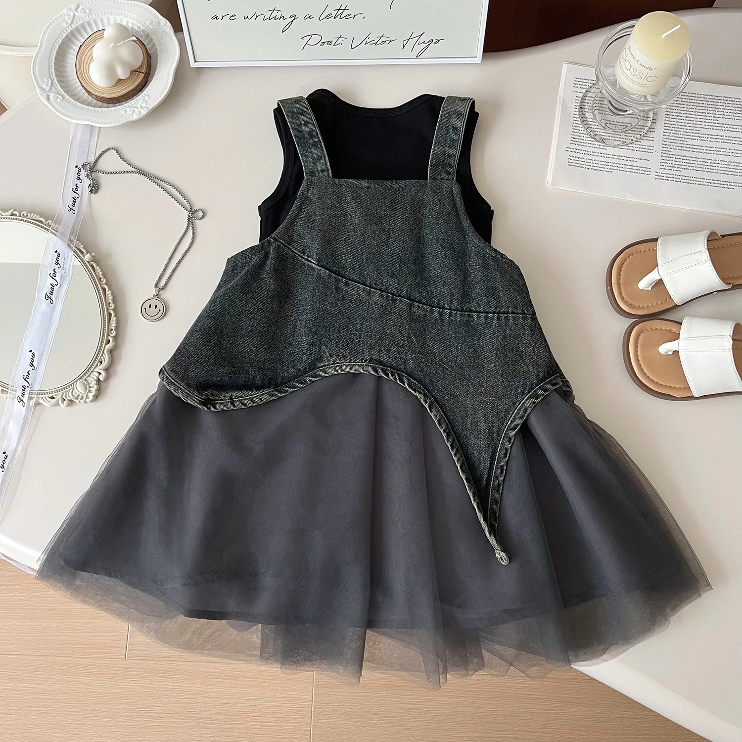 الشارع الاتجاه نمط الكورية الصيف صغار الفتيات ملابس الاطفال فتاة سترة فستان بحزام 2 قطعة مجموعات فساتين غير رسمية للفتيات الدنيم البدلة