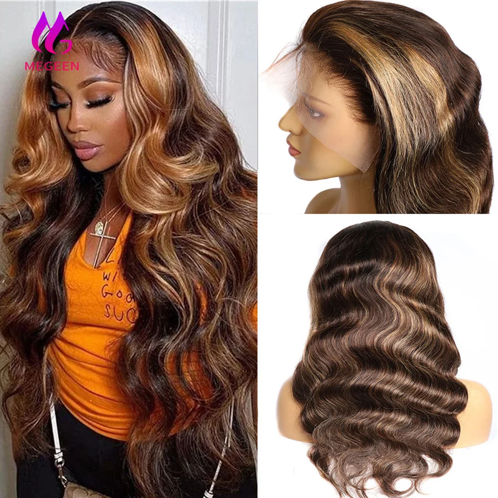 

Megeen 100% человеческие волосы, волнистые волосы 13X 4, перуанский парик на сетке спереди, предварительно выщипанные, медово-светлые, на сетке спереди, парики, хайлайтер P4/27, цветные