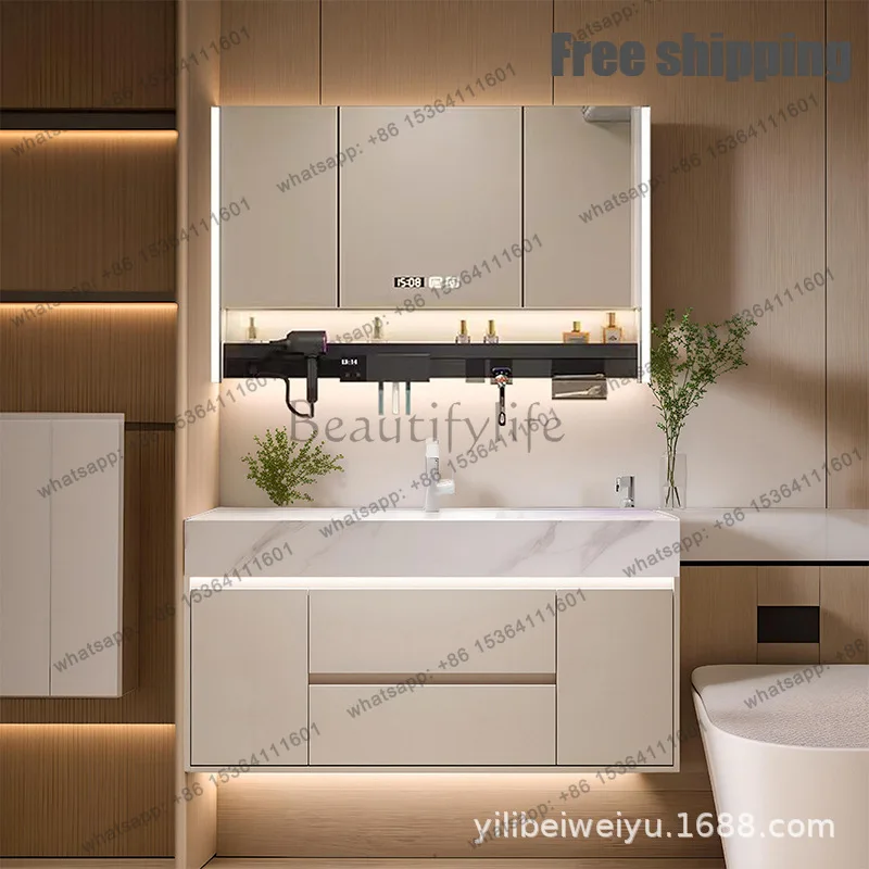 LDLuxury Bathroom Cabinet Hot Rock Slab Integrated Basin Disinfection Smart Mirror Cabinet Combined Bathroom Washbasin