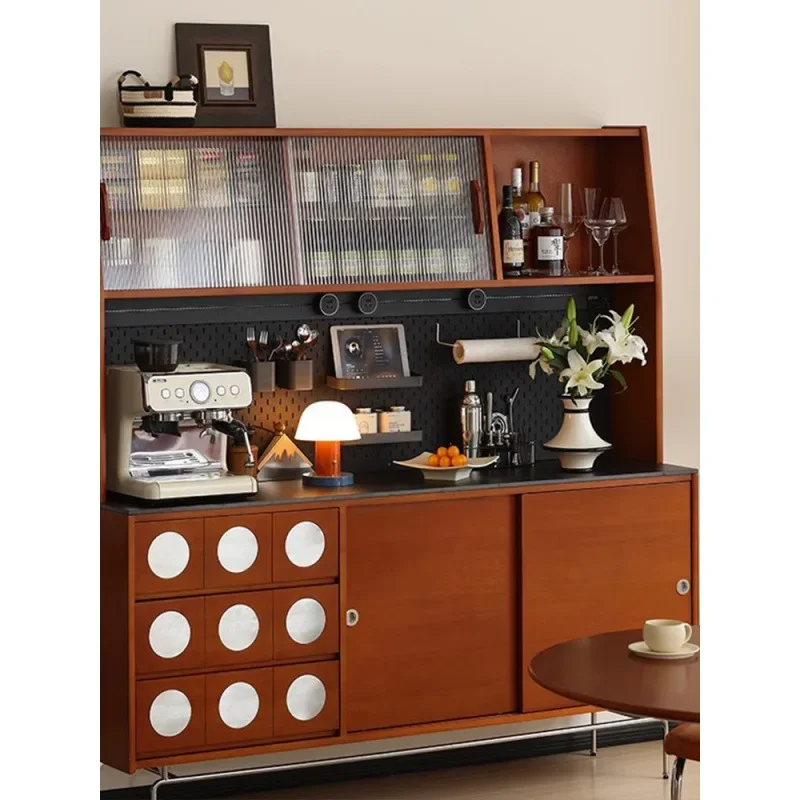 Medieval solid wood dining side cabinet integrated, wall rock slab tea cabinet retro storage locker, multi-functional