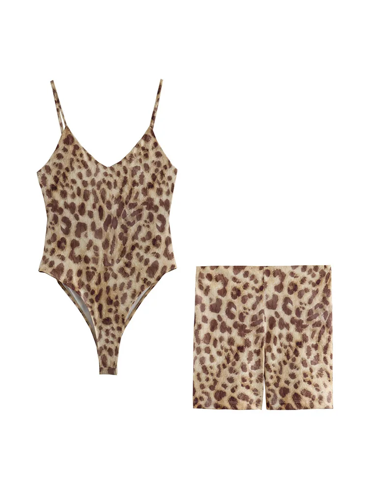 Summer Short Sets 2024 Leopard Print Two Piece Set For Women V Neck Spaghetti Strap Bodysuit And Legging Shorts Sexy Co Ord Set