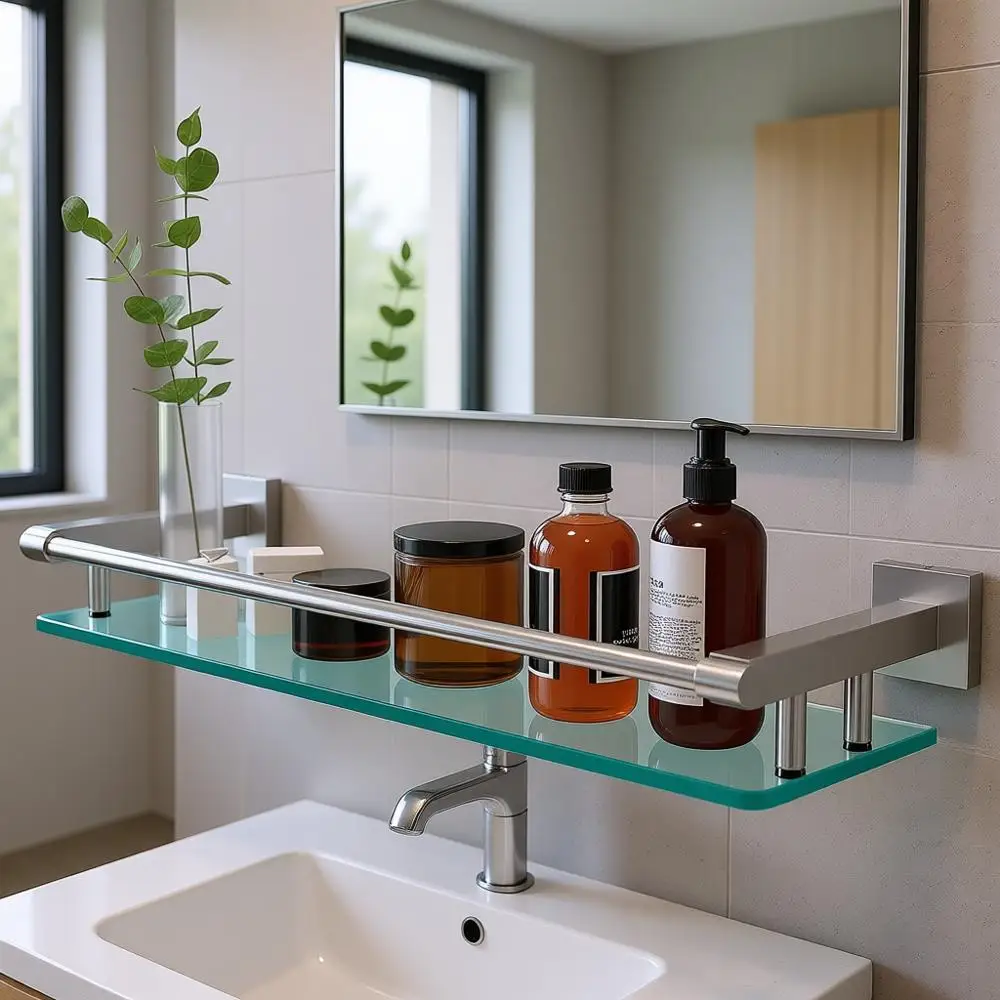 

20 Inches Glass Shelf, Bathroom, Brushed Nickel Glass Shelves, Wall Mounted with Smooth Stainless Steel Railing, Tempered Glass