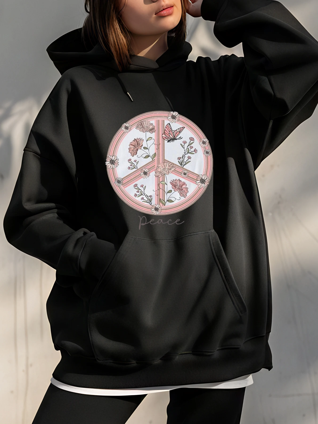 

Женская черная толстовка с капюшоном и символом мира, пуловер с цветочным принтом, повседневная уличная мода для женщин