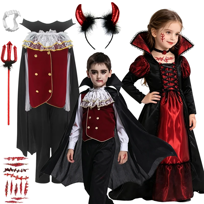Halloween Gothic Dark Court Kids Vampire Ghost Bride Witch Witchcraft Costume Unisex Children Party Cosplay Clothing Outfits