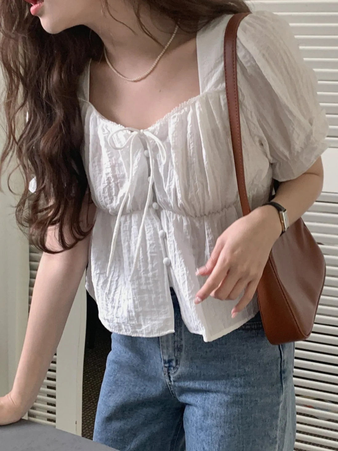 Elegante verano dulce simple diseño retro volante patchwork pajarita cuello cuadrado Bubble ort Sve irt mujer coreana Sle L...