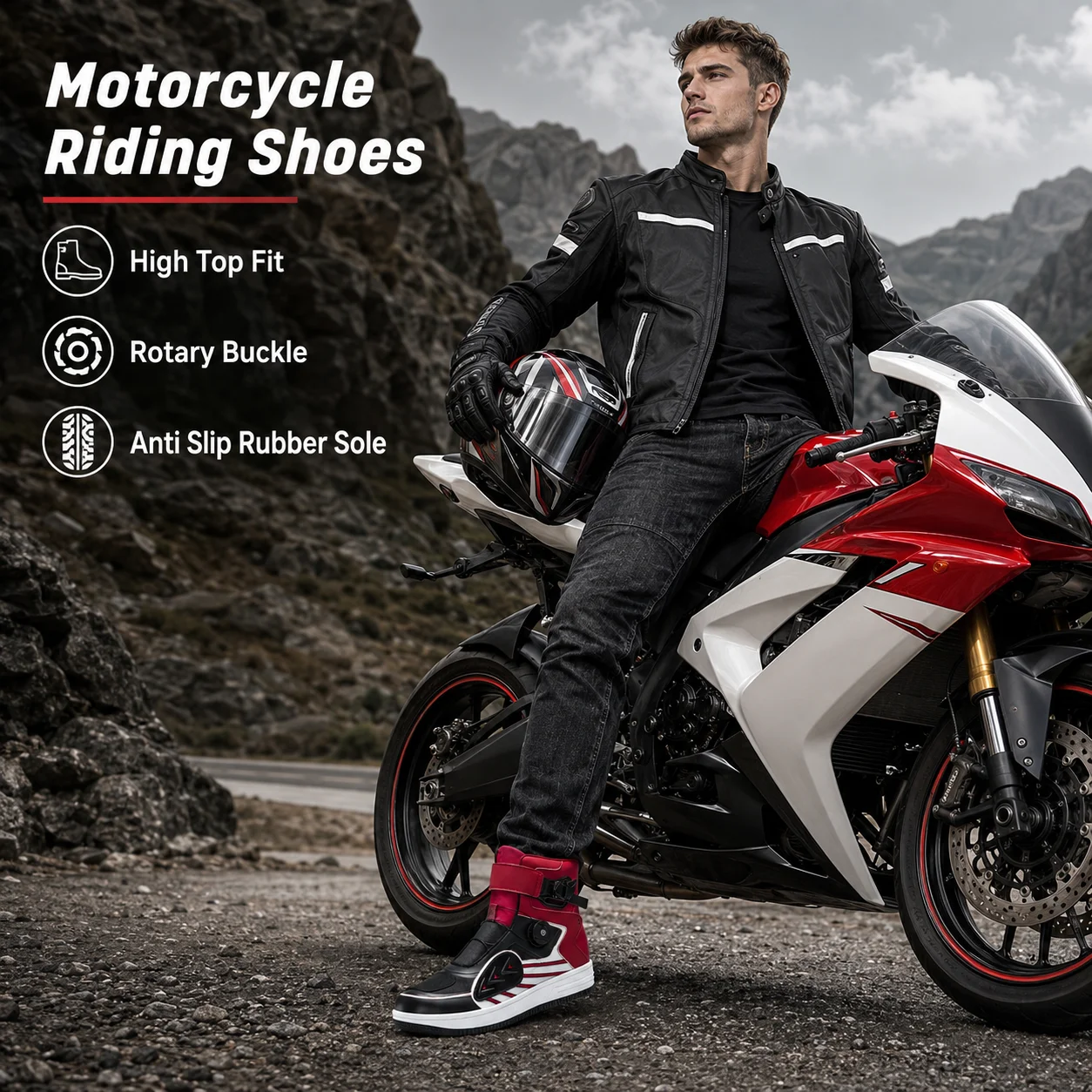Motorcycle Riding Shoes Moto Boots Men Women High Top Seamless Upper Rotary Buckle Anti Slip Rubber Sole Off Road Racing 37-47