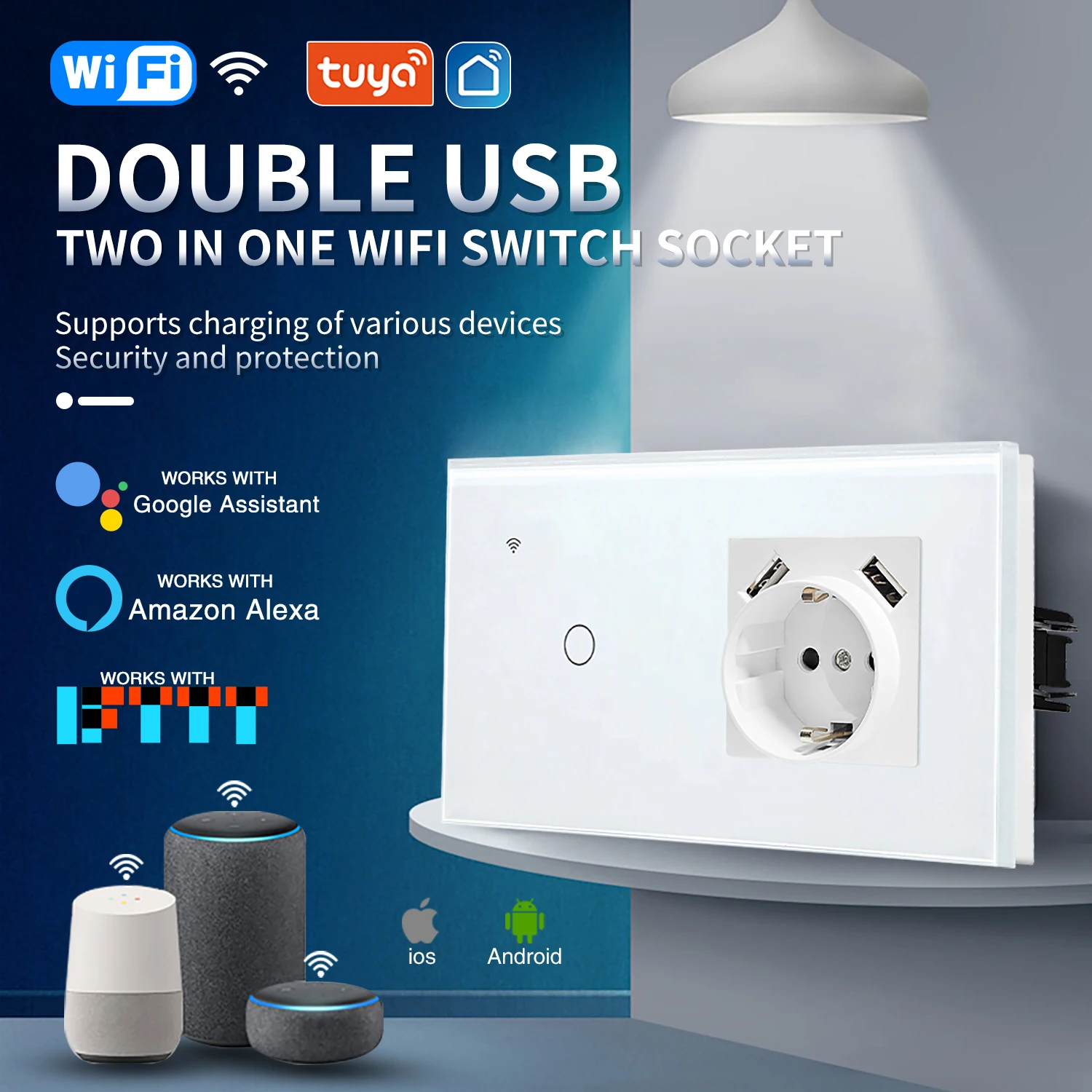 UBARO EU Standard Tuya Smart Wifi interruttore a parete USB tipo C presa combinazione interruttori sensore funziona con Alexa Smart Life Tuya APP