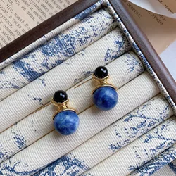French elegant women ins lapis lazuli retro simple double bead stud earrings blue delicate ball chinese style eardrop