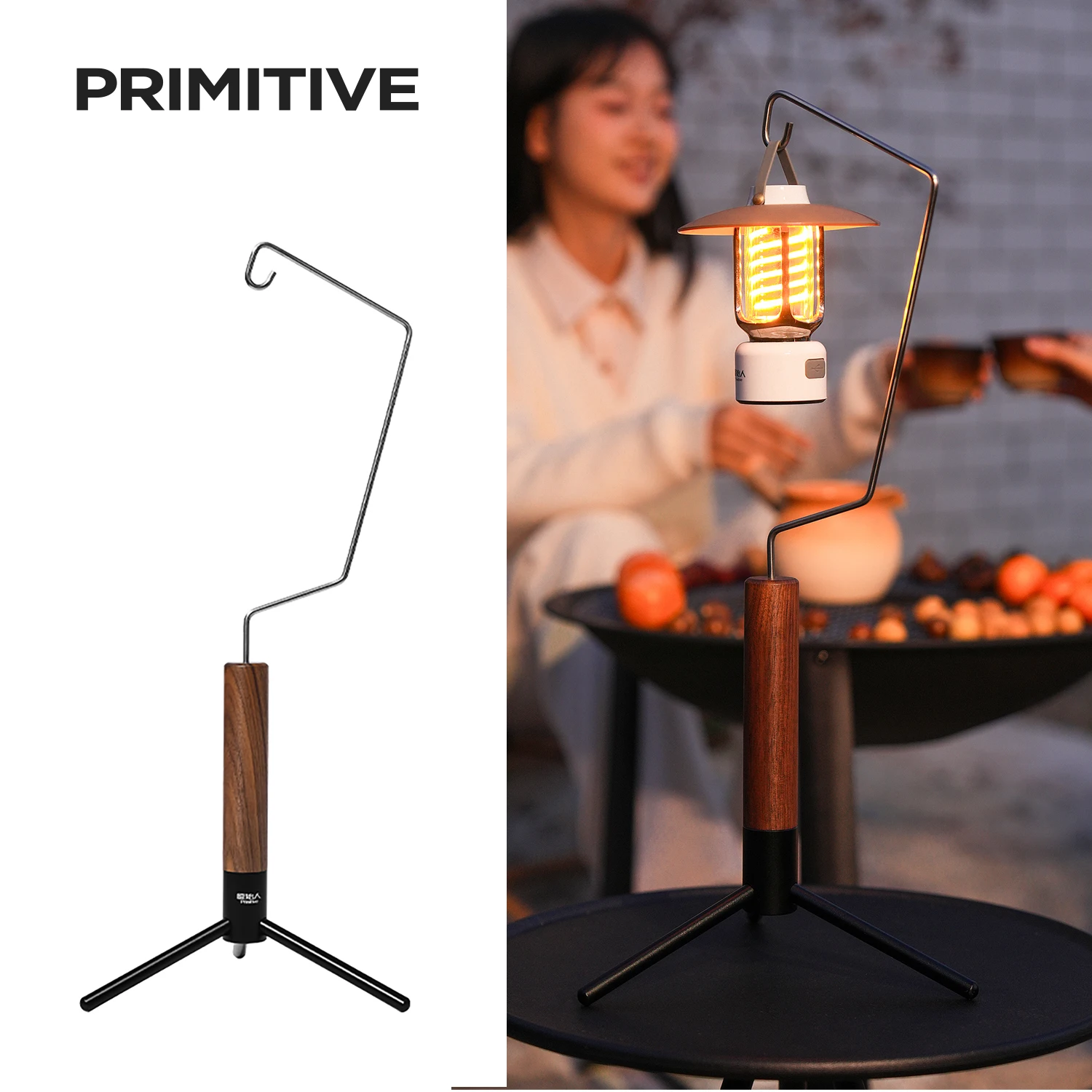 PRIMITIVE Portable Collapsible Lantern Stand Walnut Camping Lamp Stand Lightweight Desktop Light Holder Outdoor Table Mount