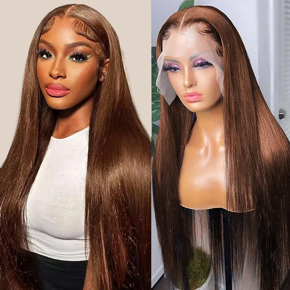 Hd Lace Frontal Wig Human Hair Pre Plucked - Chocoladebruin, echt haar, 13x6 HD-kantpruik, 200%