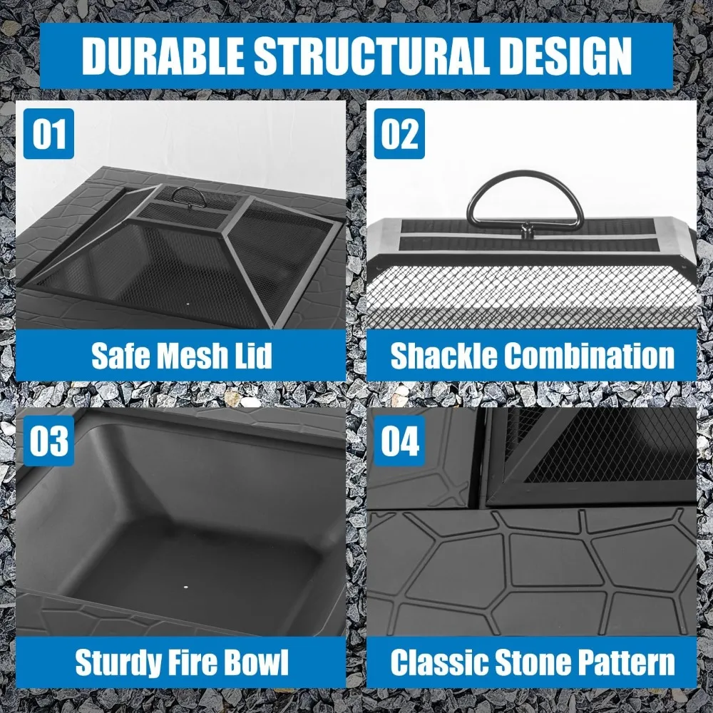 متعددة الوظائف حفرة النار الجدول 32 بوصة مربع المعادن Firepit موقد الفناء الخلفي حديقة الموقد للتخييم ، التدفئة في الهواء الطلق ،