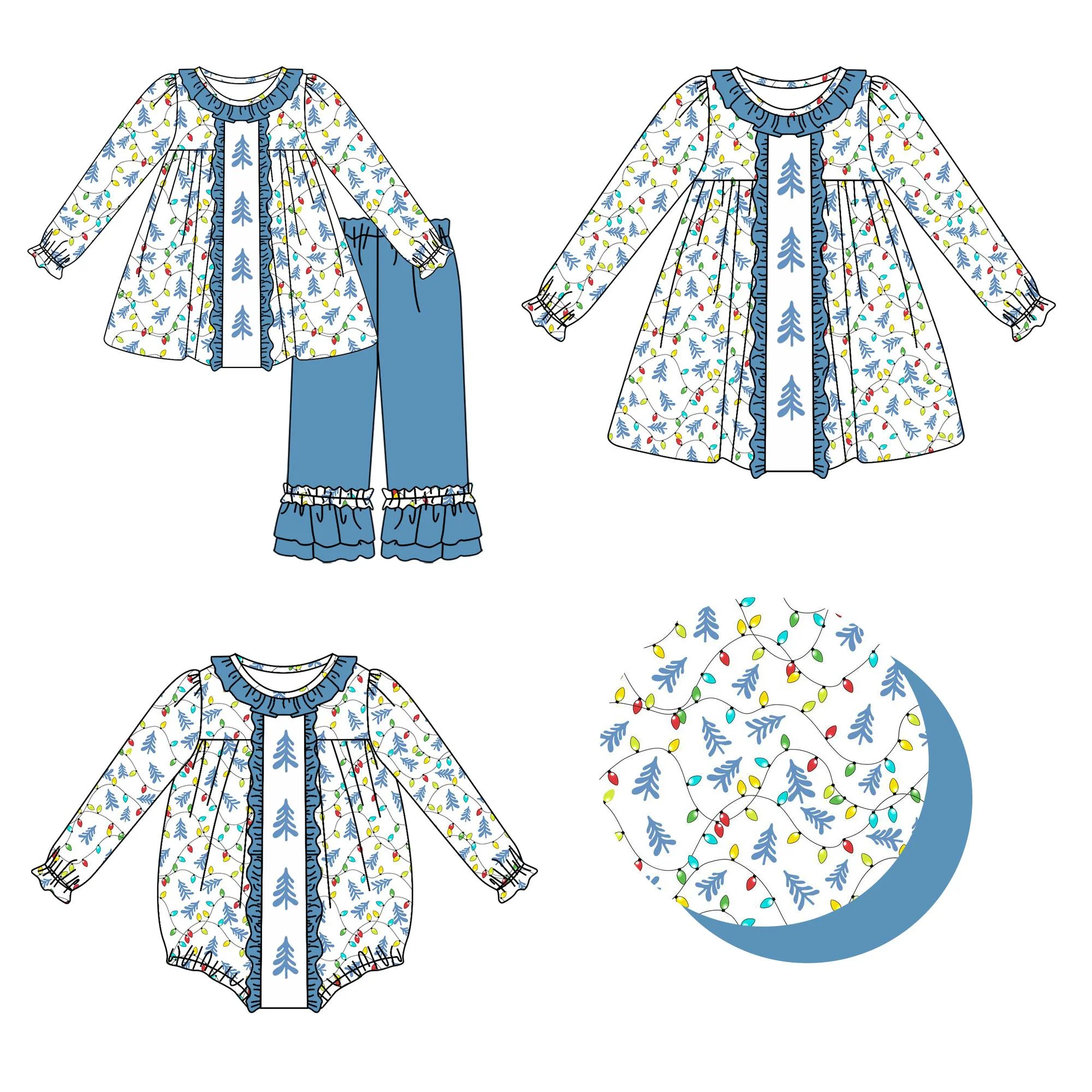 

New Design Boutique Kids Clothes Wholesale Christmas Collection Lantern tree print long sleeve pants set dress romper