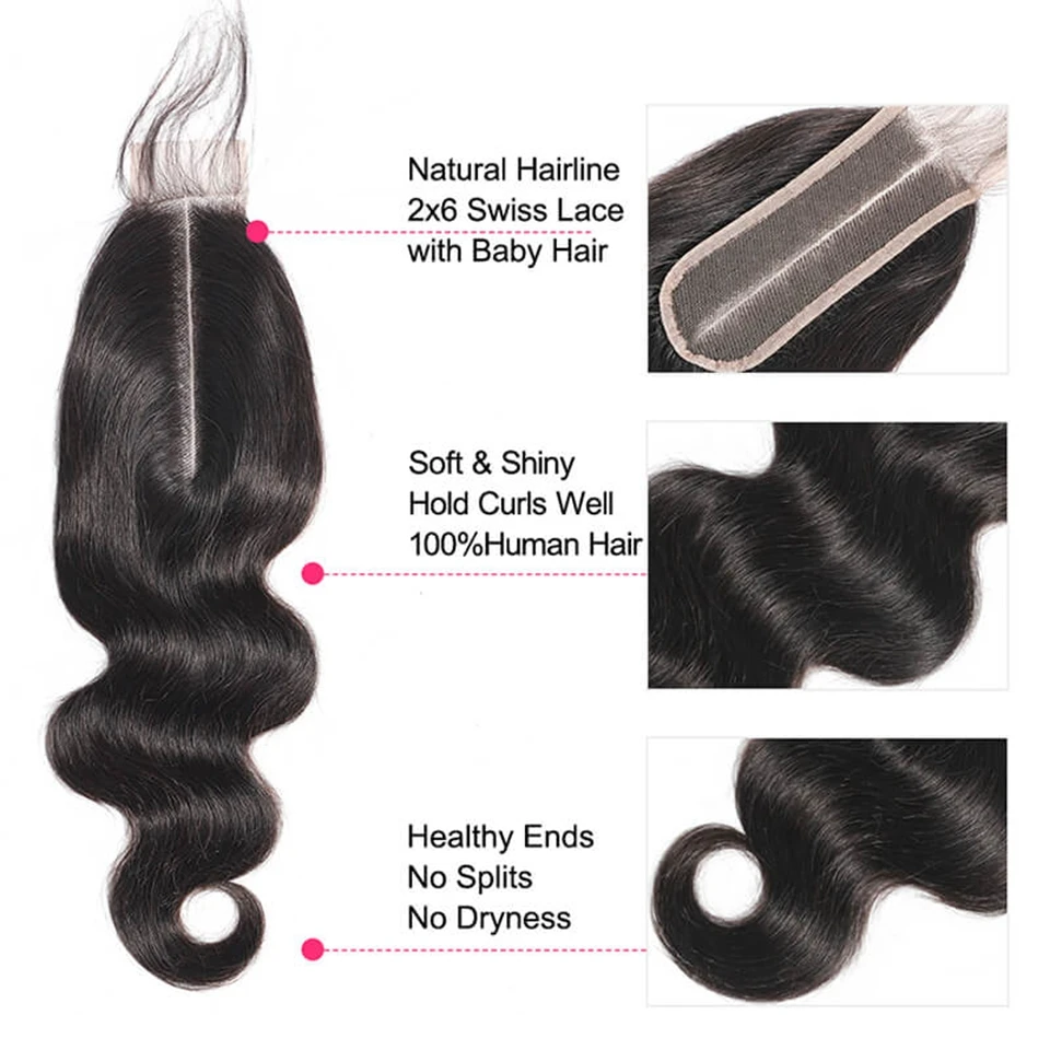 Ulrica-Brazilian Body Wave Pacotes de cabelo humano para mulheres, extensões de cabelo, 3 Pacotes, 4 Pacotes de Tecer com Fechamentos, 2x6 Lace Closure