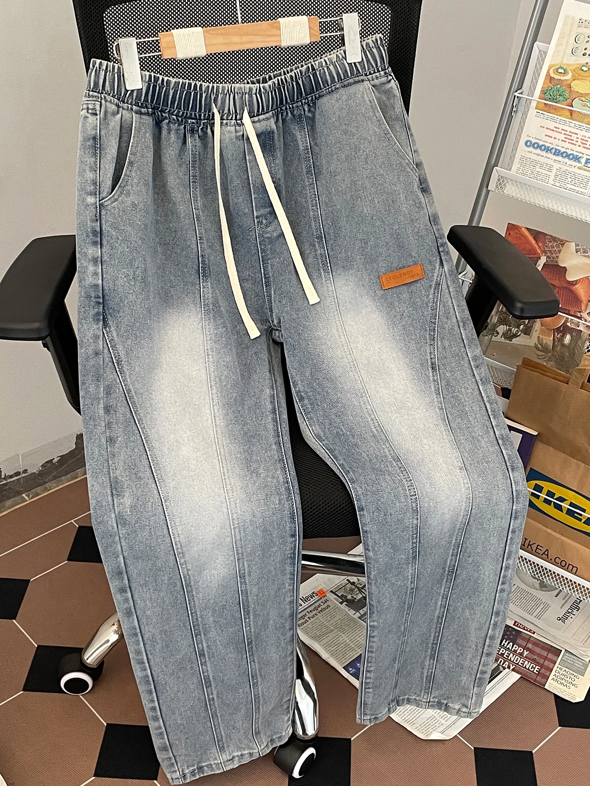 

Spring Autumn Men's Casual Straight Leg Jeans Elastic Waist Sports Trendy Teenage Pants Anti-Stain Durable Straight Tube