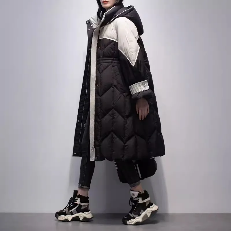 Contrast Color Patchwork Down Jacket Women 2024 Winter New Korean Hooded White Duck Down Thicken Coat Warm Female Long Overcoat