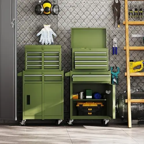 Tool Chest, 5 Drawers Rolling Tool Cabinet with Detachable Top Toolbox, Universal Lockable Wheels, Lock Bar, Protective