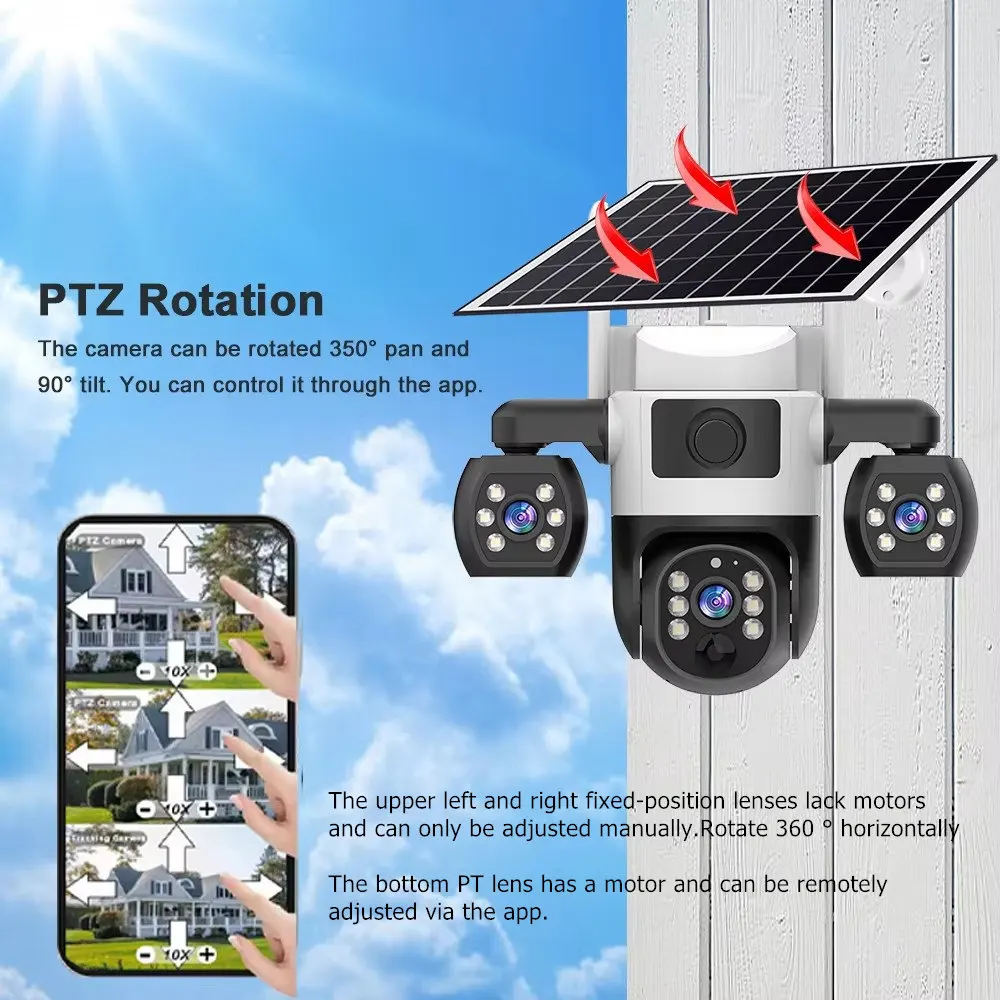 V380 pro câmera solar 4g sim ao ar livre três lentes três telas pir humano detectar cctv bateria de segurança ptz ip camara fazenda pomar