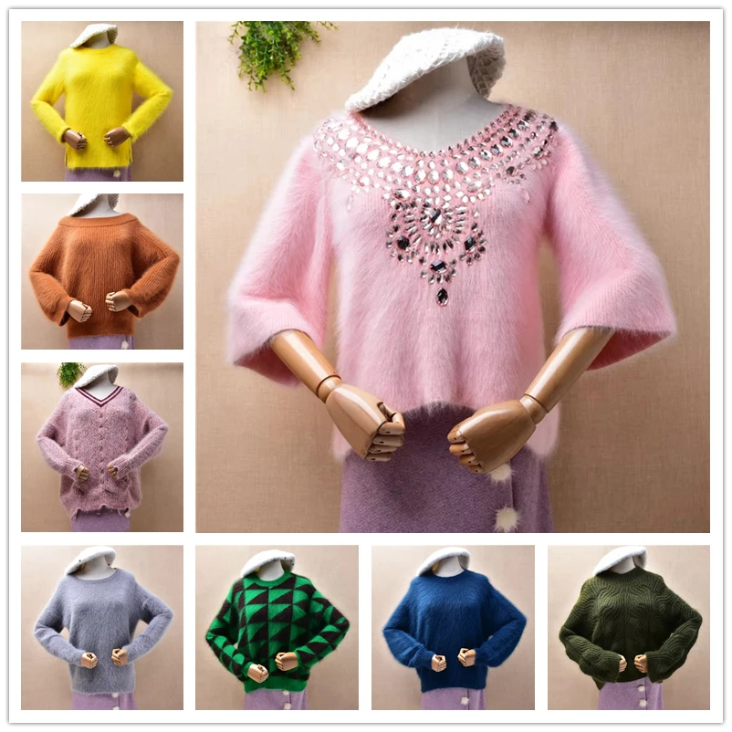 Top Quality Fashion Sweet Ladies Women Pink Beaded Hairy Mink Cashmere Knitted Half Sleeves Slim Blouses Pullover Sweater Pull