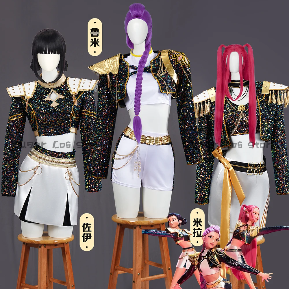 

Kids Black Golden Performance Costume KPOP Huntrix Rumi Zoey Mira Cosplay Costume Wig KPop Demon Hunters Uniform Halloween Party