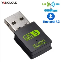 USB Bluetooth WiFi Adaptador Receptor, Placa de rede sem fio, Transmissor Dongle, IEEE 802.11B, 2.4G, BT V4.2, 600Mbps, 5G, 2.4G