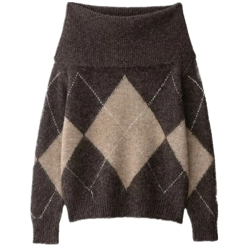 เสื้อถักไหมพรมลายเพชรแบบตรง แขนยาว โชว์ไหล่ สำหรับผู้หญิง คอลเลคชั่นใหม่ ฤดูใบไม้ร่วง 2025 แฟชั่นสไตล์ยุโรป