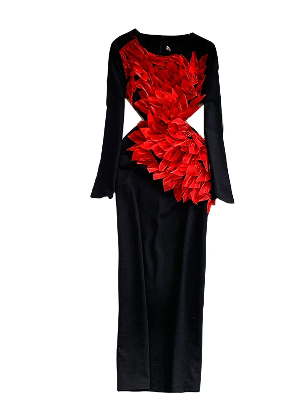 Faionable Round Ne Embellied Feather Heavy Work Slim Fit Damen Dr. Herbstsaison Body ein langes Rock-Abendkleid