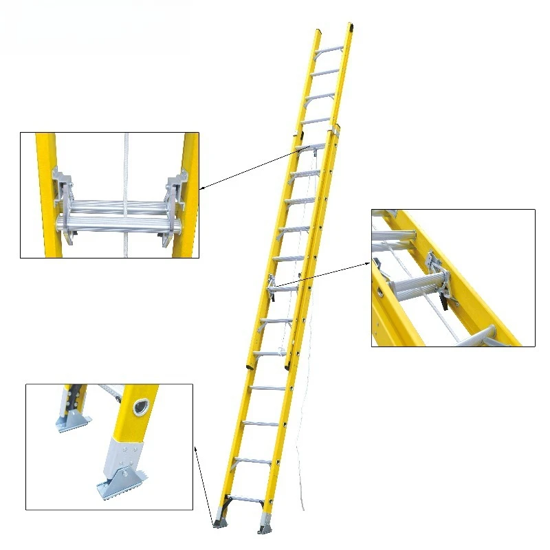 

Yellow Color 2 Sections 24ft Vertical Fiberglass Extension Ladder EN131 and EN61478 for Electrical Working Escaleras