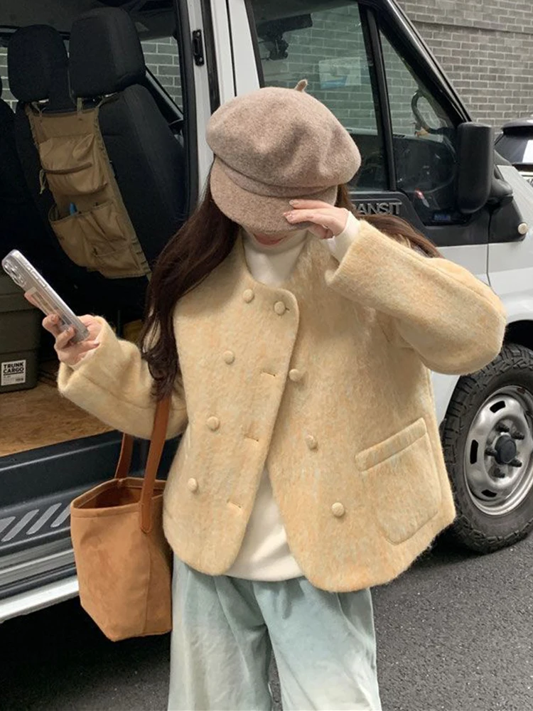 Vintage Casual Crop Woolen Coats Women Elegant Office Lady Solid Simple Button Outwear Fall Winter Long Sleeve O Neck Loose Tops