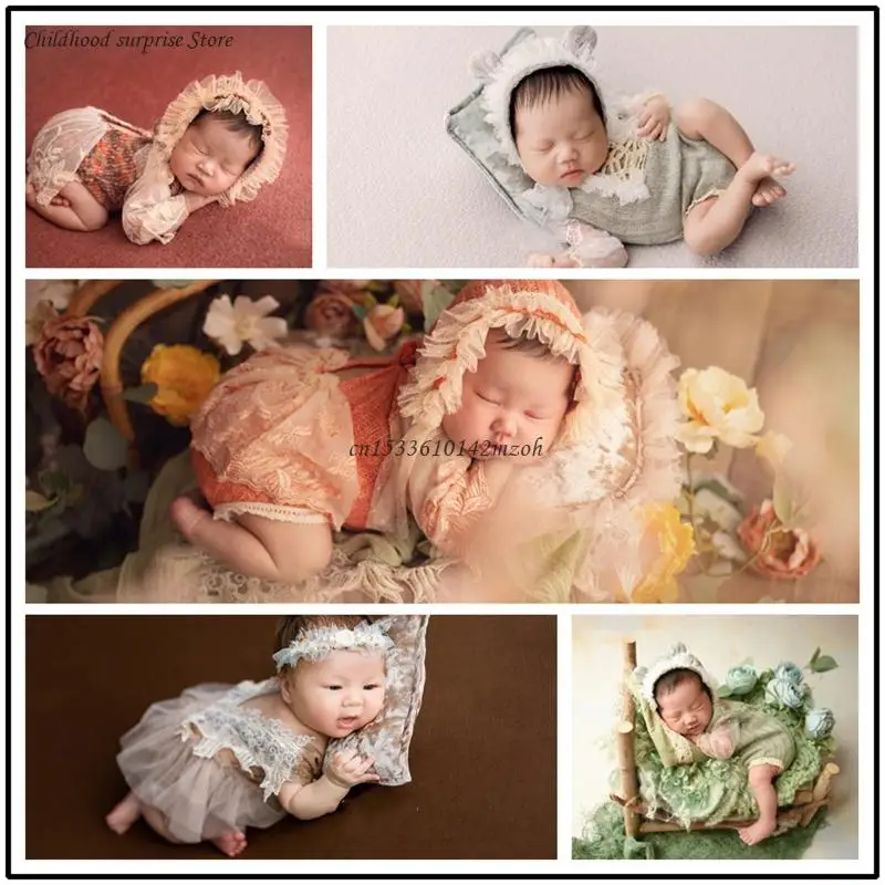 Photo Props for Baby Girls 0-1M Headdress & Hollow-Lace Jumpsuits Monthly Party Photo Clothes Newborn Outfit Dropship