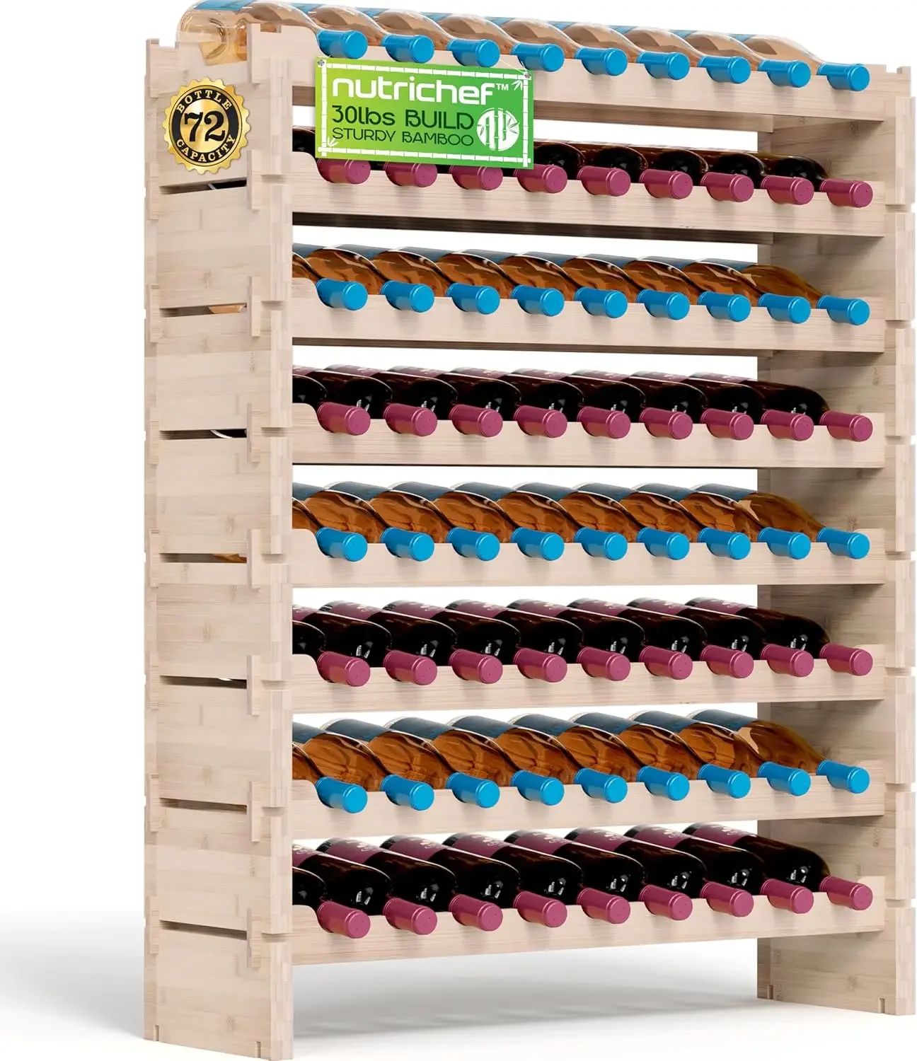 

Bamboo Stackable Wine Rack, 8-Tier 72 Bottle Capacity Wine Racks Free Standing Floor, No Tools Assembly, 33.5" x 10" x 42"