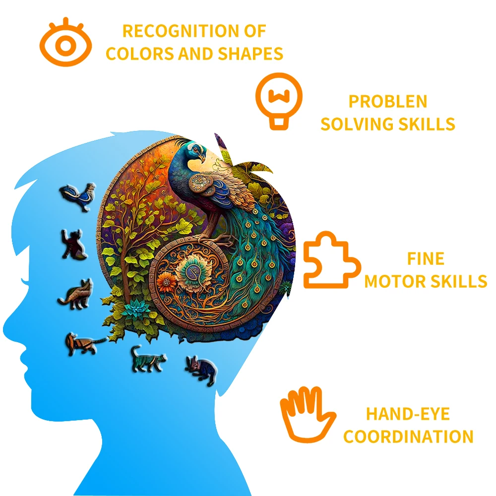 Pavão de madeira redondo e quebra-cabeça para crianças, quebra-cabeças de animais adultos, brinquedo multitamanho, presente do festival, A3, A4, A5